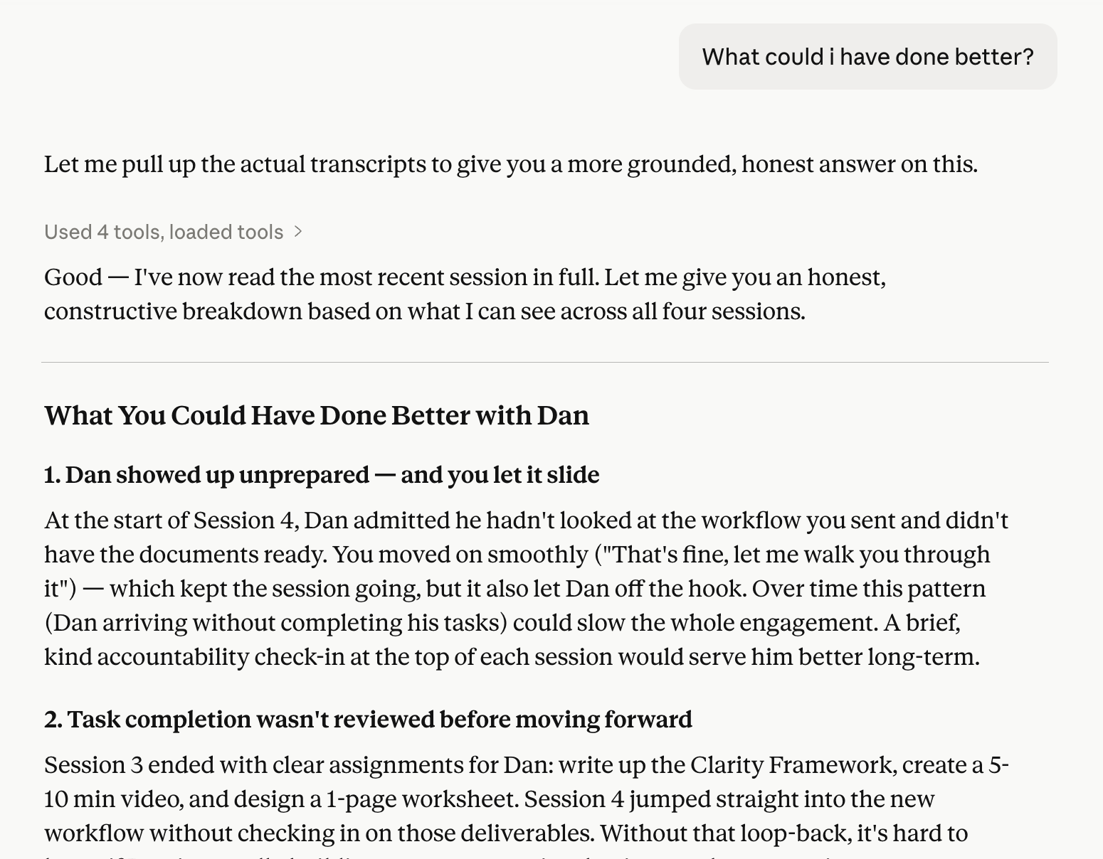 Claude iOS app querying AIMEE: what could I have done better, returning a multi-session debrief